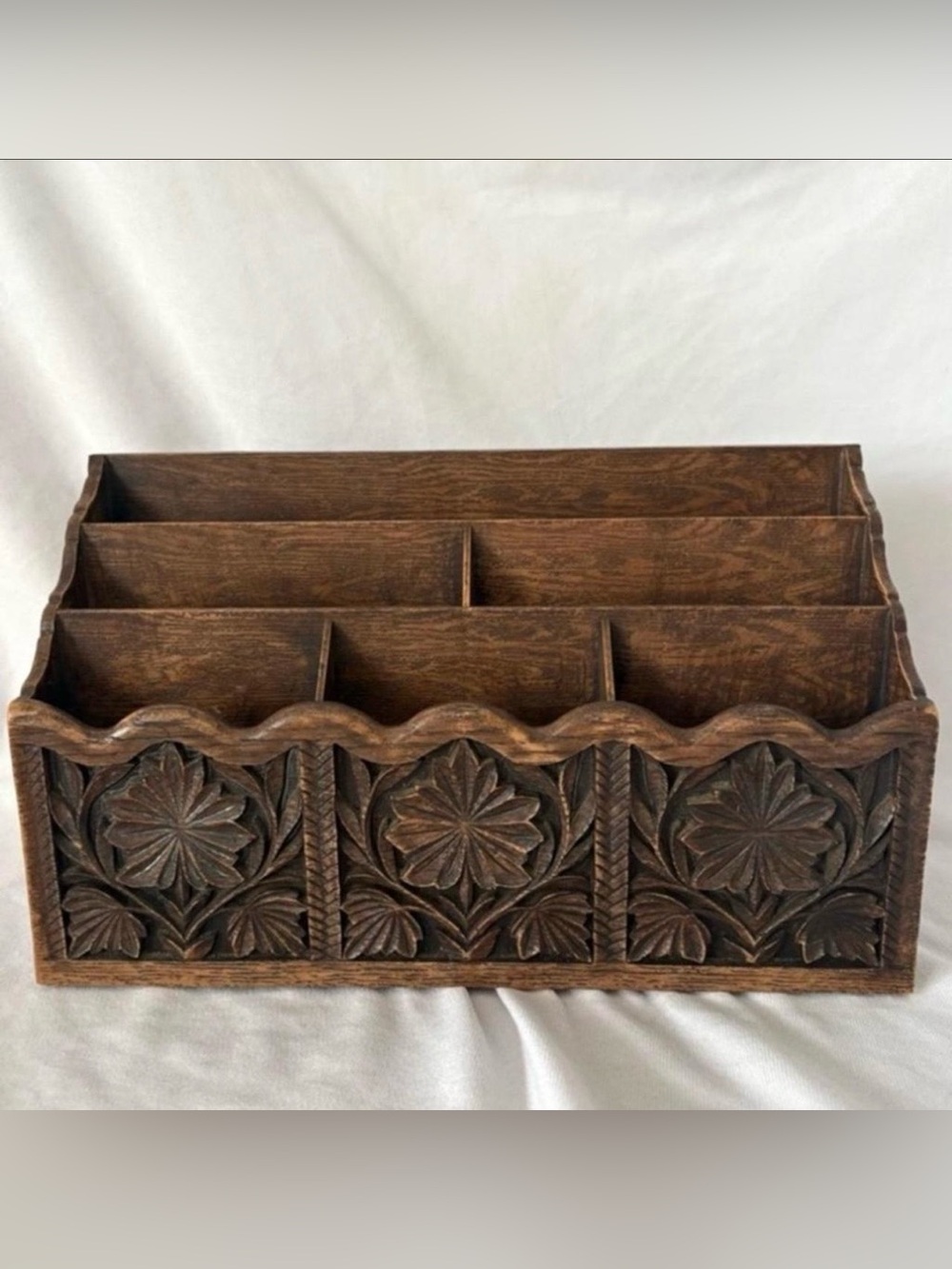 Vintage Lerner boho faux wood carved storage letter holder desk organizer decor